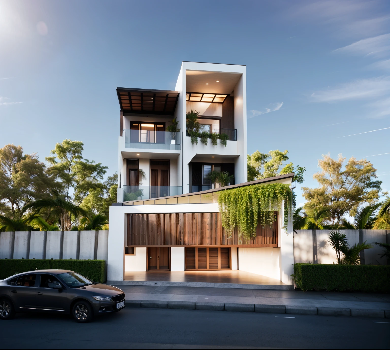exterior ,house in vietnam, roof, window, clolum, plant around the building, ((realistic photo)), RAW photo, corona render, sharper photo, details texture, clean design, concrete-colored laminate wall, perspective, high-end, realistic photography, Bright, sharp, unique details, award-winning photography , Canon EOS 5D DSLR Mark IV, f/ 6, ISO 100, 1/ 250 sec, soft natural light, best quality, super high resolution
