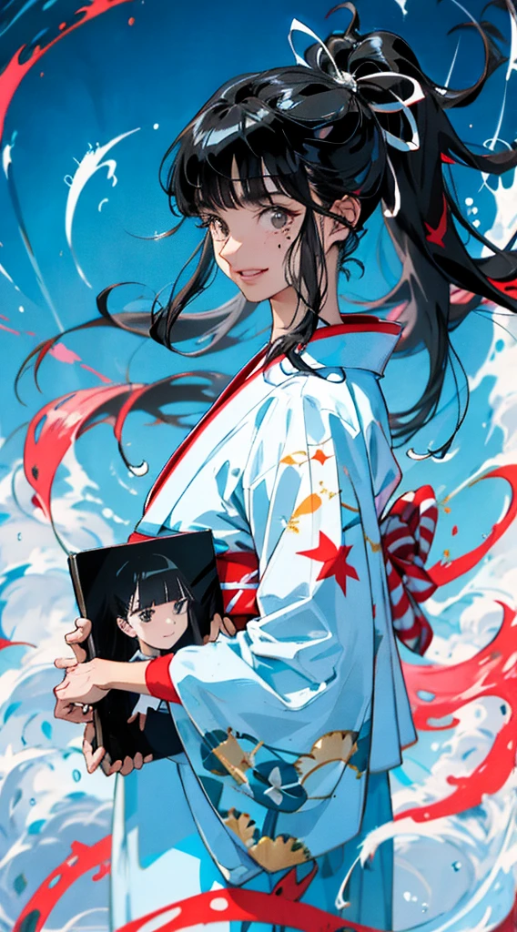 Black hair, bangs, curtained hair, crossed bangs, Messy hair, pony tails, bangs, curtained hair, crossed bangs, Long hair, Messy hair, pony tails, Big hair, side hair bun, hair ear, hair tying, hair flaps, widow peak, head gear, Hair ribbon, kanzashi, hairpods, white hair ribbon, Moles under eyes, Raised eyebrows, eyeball, Evil smile, crazy, Shy, scowling, jitome, gloom (expression), Seductive smile, anime big breast, Minimalism, Anime style, anime big breast, Minimalism, Anime style, angle of view, From above, hyper HD, retinas, Masterpiece, ccurate, Textured skin, Super detail, High quality, High details, Award-Awarded, Best quality, A high resolution, 16k, hyper HD, retinas, Masterpiece, ccurate, Textured skin, Super detail, High quality, High details, Award-Awarded, Best quality, A high resolution, 16k((Light blue long-sleeved kimono))((Undressed kimono))Big Breasts