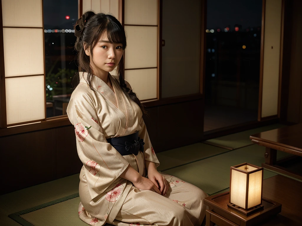 photorealistic, solo, beautiful Japan woman, traditional kimono, natural figure, soft smile, impressive gaze, traditional hairstyle, Japanese room at dusk, sitting by the window, illuminated by city lights, (attractive pose), professional photographer, shallow depth of field, backlit,