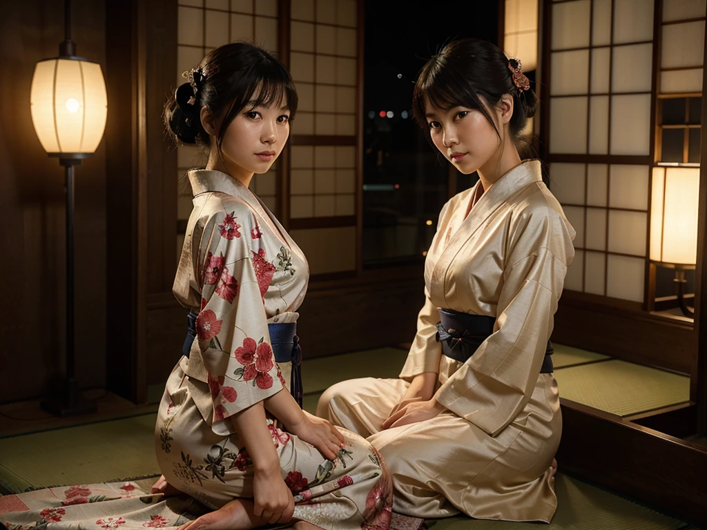 photorealistic, solo, beautiful Japan woman, traditional kimono, natural figure, soft smile, impressive gaze, traditional hairstyle, Japanese room at dusk, sitting by the window, illuminated by city lights, (attractive pose), professional photographer, shallow depth of field, backlit,