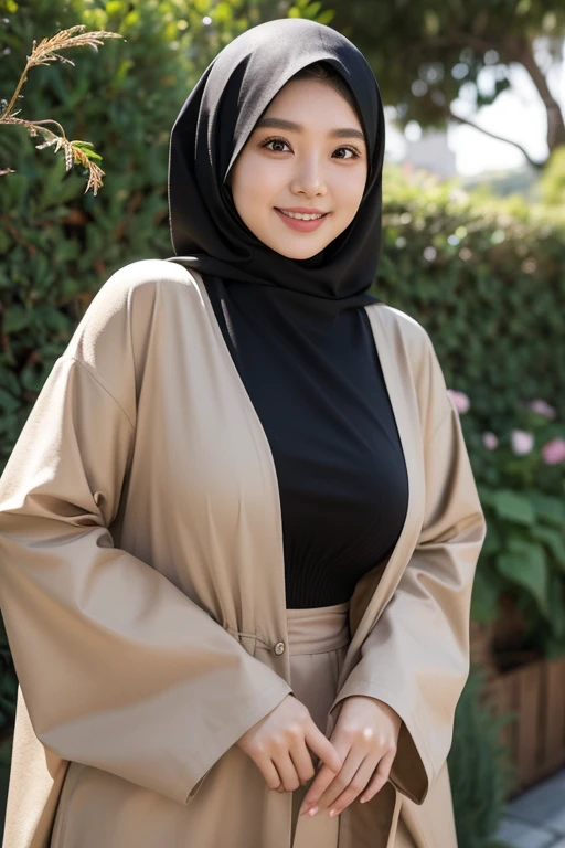 A young Asian woman with long dark hair wearing a black hijab and a beige long-sleeved top, smiling in front of a background with dried plants