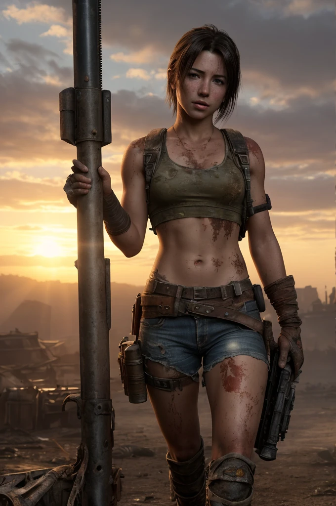 masterpiece, ultra detailed, 8K, Raw photo, Realistic light, Cinematic composition, Realistic face with scratches, Realistic skin, full body shot, 18 years old Tifa Lockhart, on the exploited and rusty war machine, tattered and dirty clothing, postapocalyptic wastlands with ruines, cute sexy, pleasure, short messy hair, freckles, sunset, backlighting, dramatic lighting