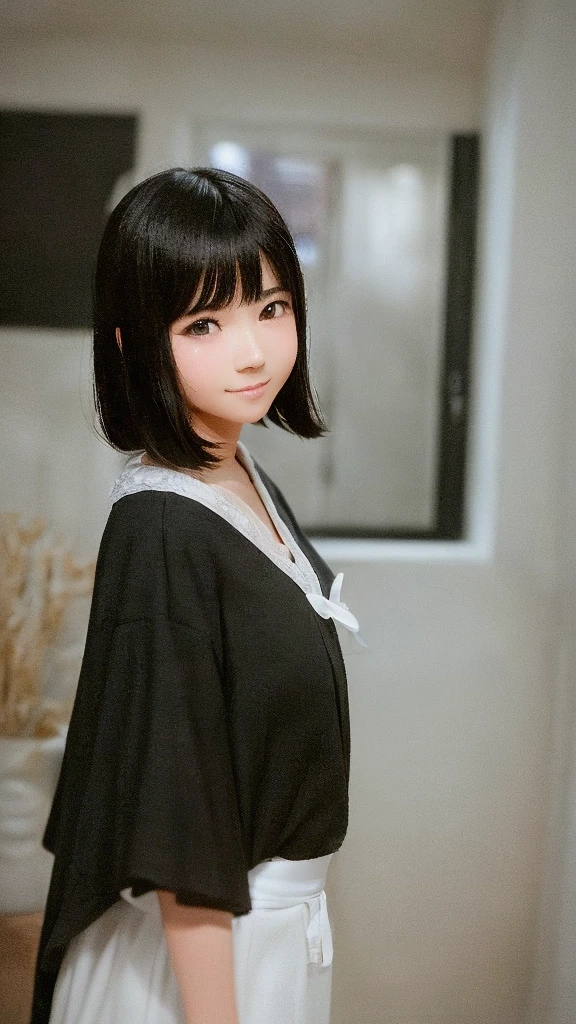 Best image quality, Focus, Soft light, Black hair, (Japanese)), (((Front, 15years old))), (Depth of field), Ultra high resolution, (Real: 1.4), RAW photo, ((( 裸エプロン))), smiling face
