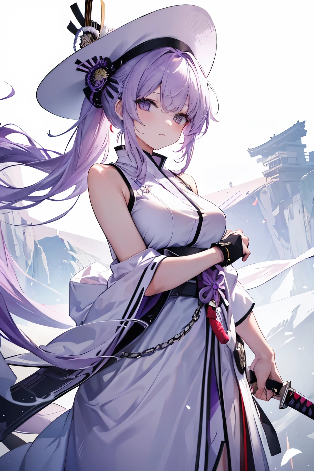 4K.High resolution,One Woman,slightly white-purple hair,Long ponytail,Huge boobs,White Samurai Dress,Sleeveless,White Hat,knife,he