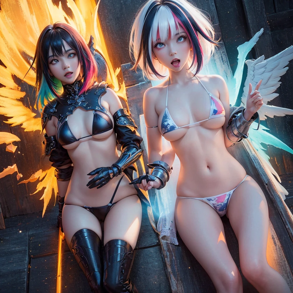 {{masterpiece}}, best quality, extremely detailed CG unity 8k wallpaper, cinematic lighting, lens flare, beautiful detail eyes, black,  side glance,  multicolor short white hair, colorful light, particles, heterochromia, (colorful:1.5), (colorful hair:1.5), Sexy bikini, bikini armor, wings on back,