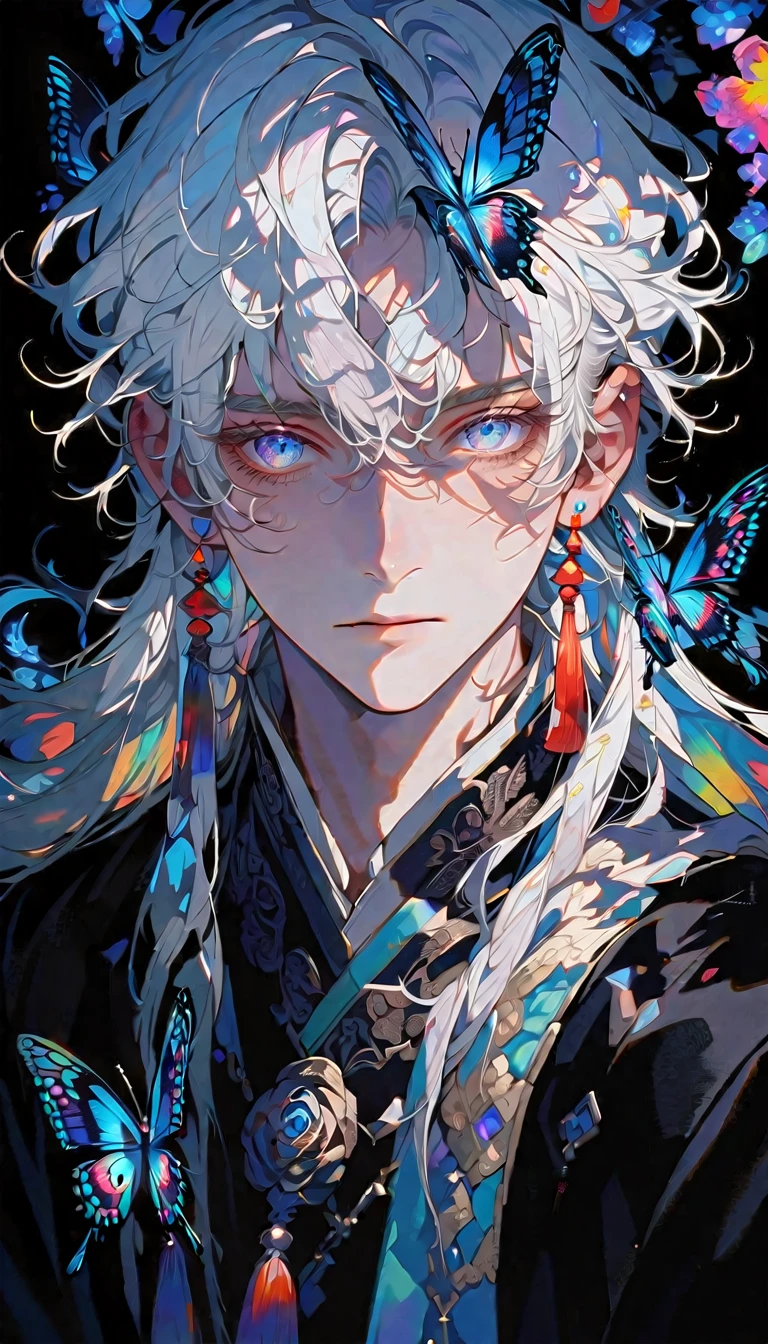 masterpiece, Male focus, 1 boy, solitary, White hair, tassel earrings, tassel, Jewelry, earrings, black background, blue eyes, Long hair, crystal, Butterfly, Upper Body, Colorful hair,Pearlescent Rose,Personal,The eyes are depicted in great detail