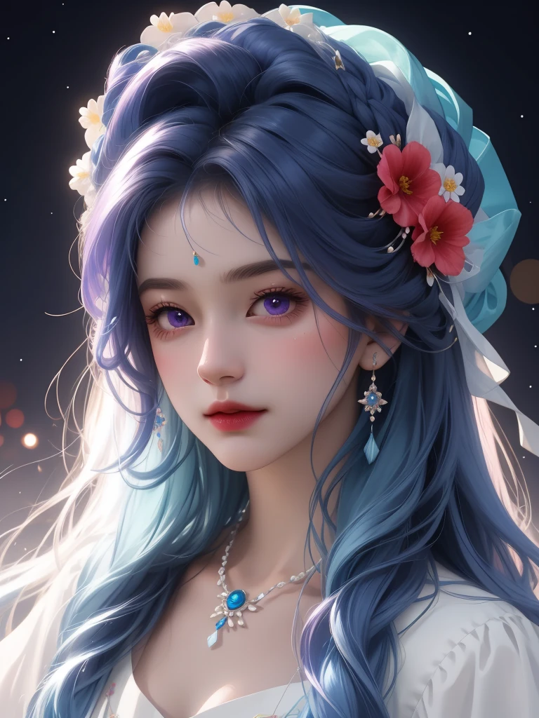 best quality, masterpiece, High target, There is a girl with a basket of flowers on her head, beautiful clothes, Hair Decorationss, necklace, Decorations, Pretty Face, When the body, Tyndall effect, Realistic Portraits, Edge lighting, Two-color light, (Very delicate skin:1.2), 8K uhd, Digital SLR Camera, Soft Light, high quality, Volumetric Lighting, Honest, photo, high resolution, 4K, 8K, Bokeh, Blue hair，purple hair ends，cartoon.