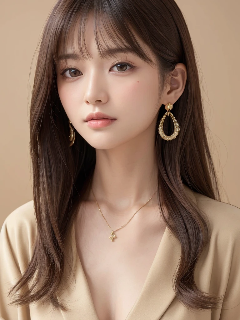  ((Highest quality, 8K, masterpiece:1.3)), concentrate: 1.2, Perfect body beauty: 1.4, Hips: 1.2, ((Long Hair, chest: 1.2)), (Dry clothes: 1.1) , (clear, Simple Background:1.3), Simple clothes: 1.1, Highly detailed face and skin texture,Delicate eyes, double eyelid, Whitened skin, Rough skin、Long Hair、Earrings with bangs、necklace、 solo、Beige coat、White shirt,  (((Beautiful girl with cute Japan)))、  ((Beautiful Japanese girl 20 years old))、 ((Baby Face))、 (((Slender body)))、  Upper Body，Face focus、necklace，Simple Background，From above， Realistic Hair、 A photograph was taken:Canon EOS R6、135mm、1/1250 seconds、f2.8、ISO400、(Detailed explanation of the hand)、(Masseter muscle area)、(Exquisite CG)、Long Hair, loose and curly hair、Korean Hair、Long Hair明るいベージュ色、グラデーションハイライトグレージュのゆるふわLong Hairスタイル、