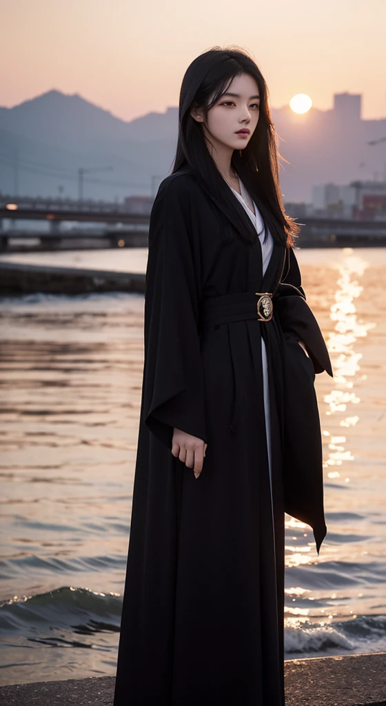There was a lady standing in the sunset, Her long black hair, Lofy藝術style, guweiz style artwork, Inspired by Ito Shinsui, Bowater&#39;s art style, lo-fi art, Lofy專輯封面, Lofy藝術, Lofy, Lofy肖像, Girl under sunset