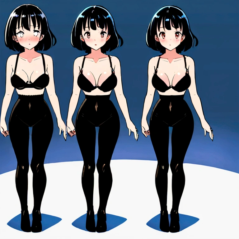1 girl, narrow waist, y hips, black bra and black underwear, Fubuki was changing clothes in the washroom when suddenly a stranger walks in. Fubuki turned around to see a complete stranger and is blushing in shyness as she is only wearing her bra and underwear. She is looking back at the viewer with a blush on her face, shock and embarrasst. We can see her bra is almost about to fall off to reveal her beautiful breastis looking at the viewer. Masterpiece, no blurring, HD, full body view, smooth and perfect detailing in anime style