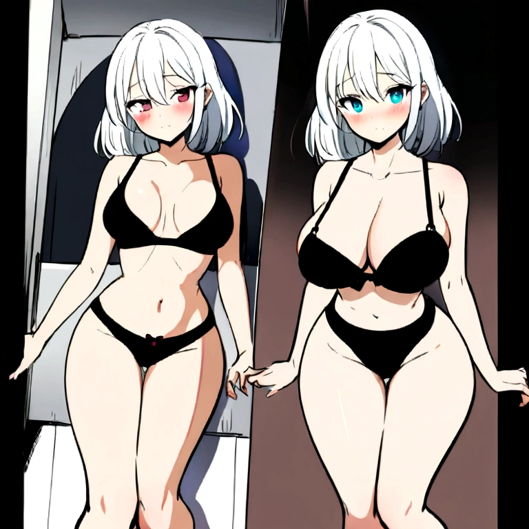 1 girl, narrow waist, sexy hips, black bra and black underwear, Fubuki was changing clothes in the washroom when suddenly a stranger walks in. Fubuki turned around to see a complete stranger and is blushing in shyness as she is only wearing her bra and underwear. She is looking back at the viewer with a blush on her face, shock and embarrassment. We can see her bra is almost about to fall off to reveal her beautiful breasts. She is looking at the viewer. Masterpiece, no blurring, HD, full body view, smooth and perfect detailing in anime style