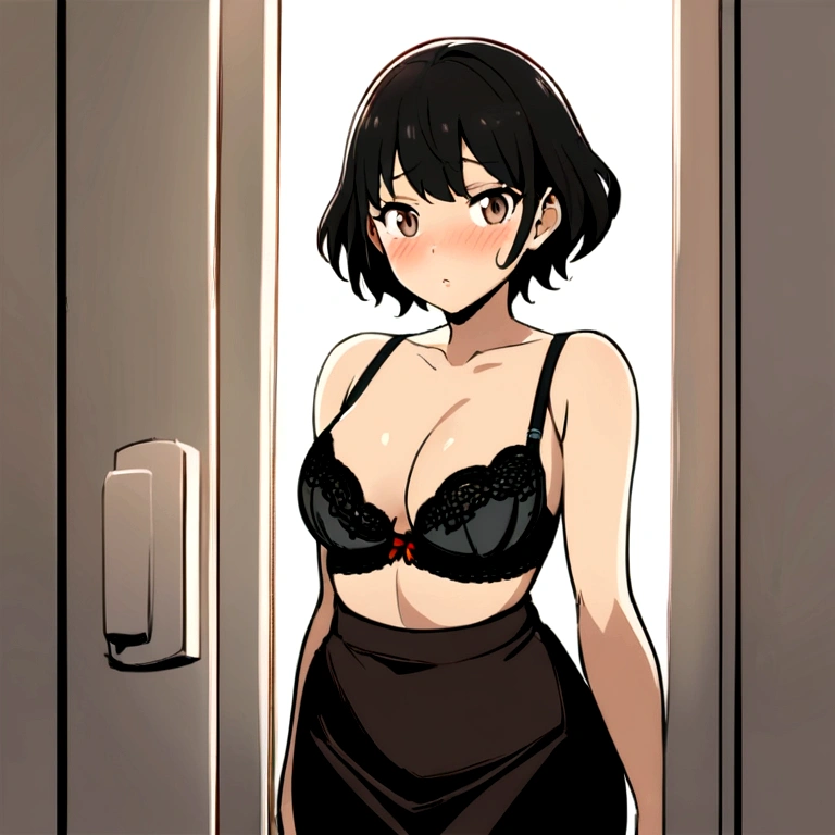 1 girl, narrow waist, sexy hips, black  and black , Fubuki was changing clothes in the washroom when suddenly a stranger walks in. Fubuki turned around to see a complete stranger and is blushing in shyness as she is only wearing her  and . She is looking back at the viewer with a blush on her face, shock and embarrassment. We can see her  is almost about to fall off to reveal her beautiful breasts. She is looking at the viewer. Masterpiece, no blurring, HD, full body view, smooth and perfect detailing in anime style