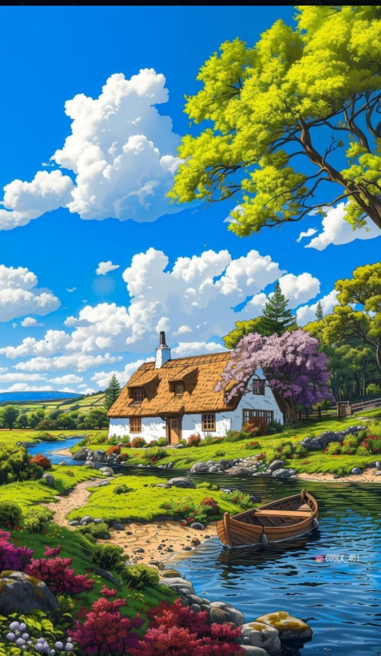 a house with garden, weather, night, stars, moon, and meteor shower, anime girl standing in roof,