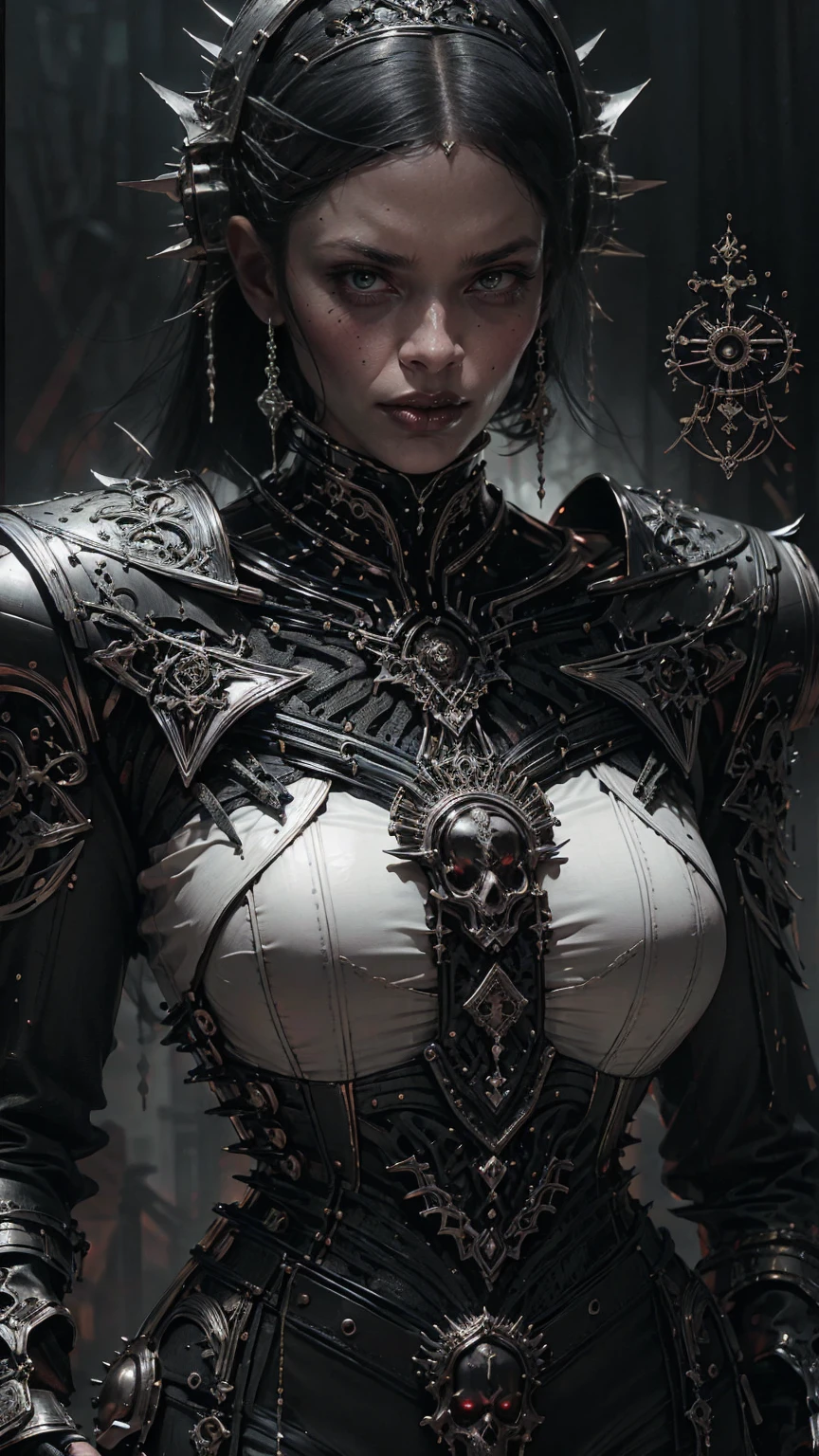 (masterpiece:1.1), (best quality:1.1), (ornate:1.1), (monochrome:1.3), (black and white:1.3), BREAK, (horror:1.0), (esoteric:1.1), (solo:1.4), (dynamic angle:1.0), (cowboy shot:1.0), (woman:1.1),(very muscular bodybuilder girl:1.25), (huge upper body:1.25), (narrow hips:1.0), long hair, (gothic intricate vampiric armor:1.25), ((full body front view)), (gauntlets:1.0), (shoulder armor:1.1), ((tarot style frame:1.45))