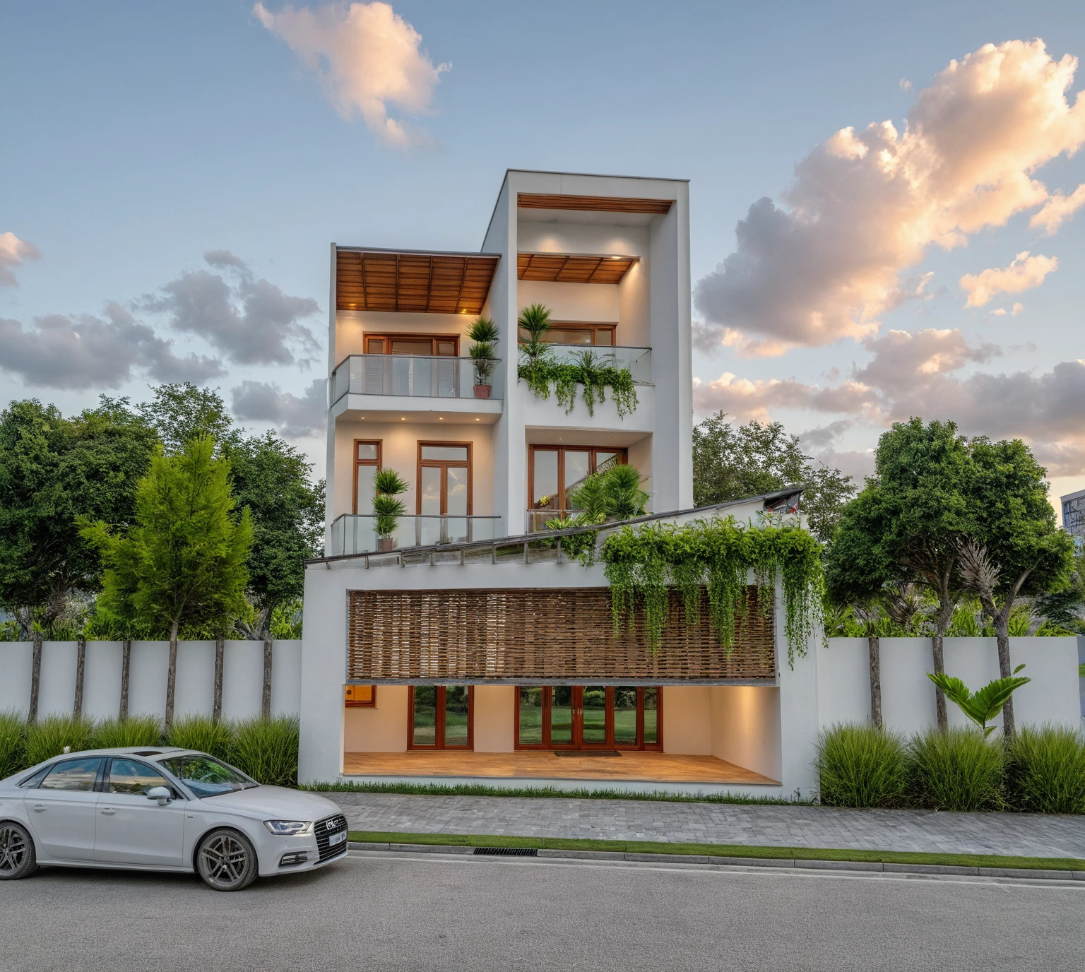 Masterpiece, high quality, best quality, authentic, super detail, outdoors, aiaigroup, house style modern , white wall , pavement, grass, trees, dusk sky, cloud, (daylight:1.1)