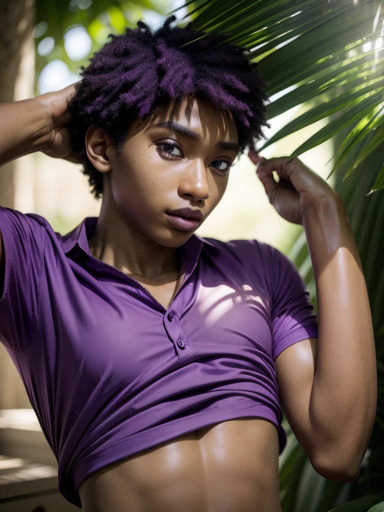 African Boy,arms(good shade(six pack)(breastplate)(asul shirt) (purple blouse)