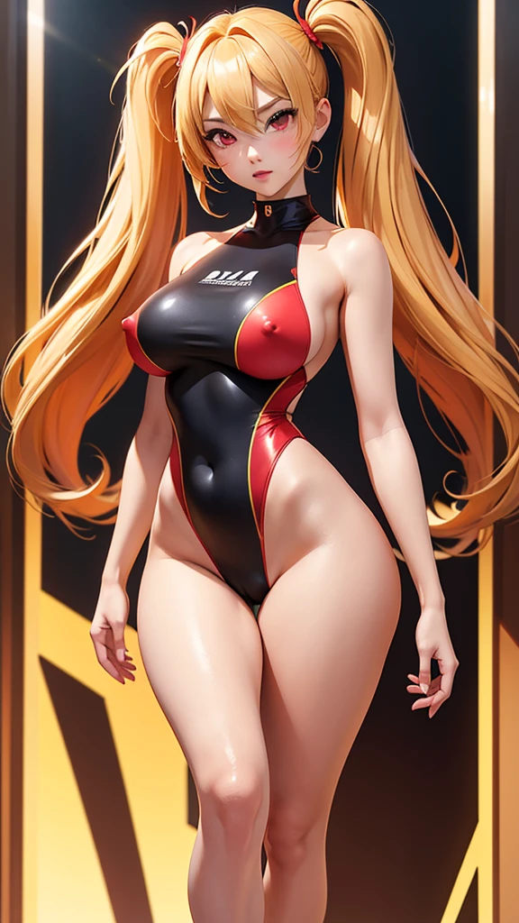 Ample breasts　High leg competitive swimsuit　Golden hair and red eyes　Fate Testarossa　Long twin tails　Nipples　Mansuji　blush　Plump Ass　Voluptuous body


