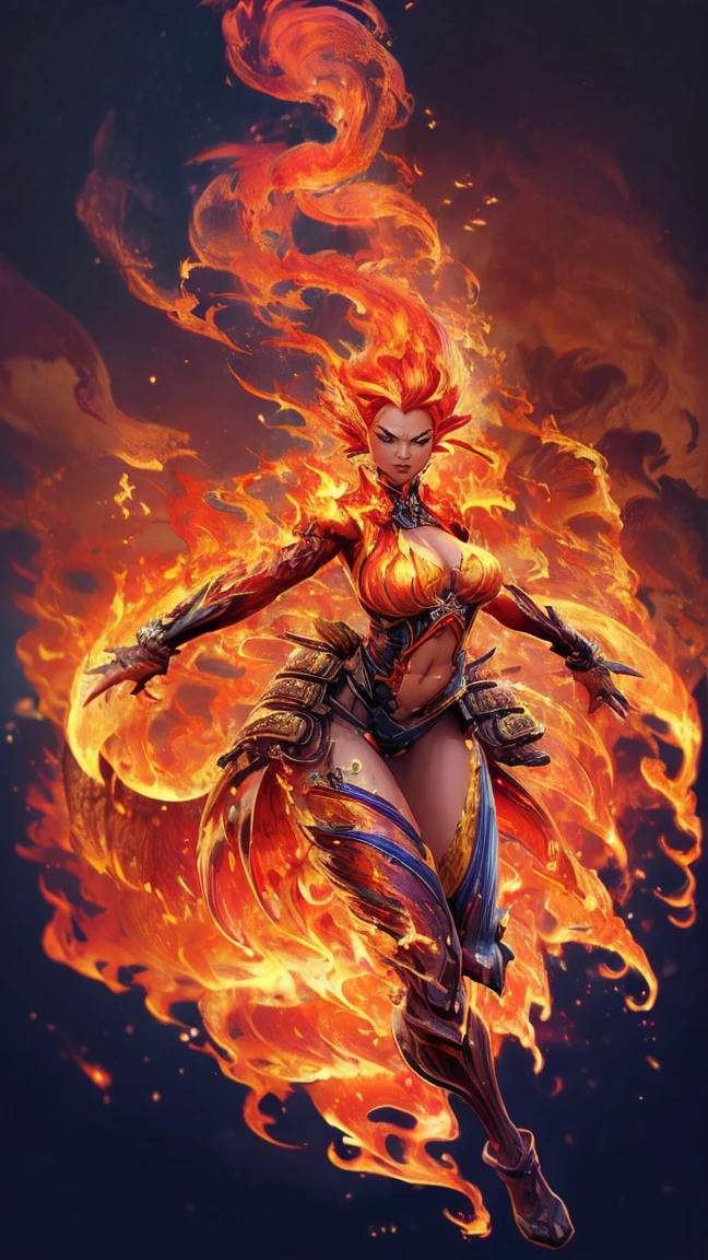 Fantasyart、(top-quality、​masterpiece:1.2)、ultra-detailliert、(photoRealstic:1.1)、(sharp focus)、(A female spirit of melted flame that burns bright red:1.5)、(full body Esbian:1.4)、Detailed Molten Fire Elemental, fire demon wings、(Red and Yellow Blue Flame:1.5)、Being in a fantasy world。Fractal art of flame、kindly smile、beautiful face、A detailed face、perfectly proportions、big breasts、busty, curvy hips、navel、buttock、Crotch gap、thighs thighs thighs thighs、(Dynamic Poses:1.5)、Steampunk style、Detail Master 2、steampunc、Movie girl、Girl melts、