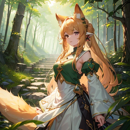 ((Highest quality,8K，Absurd Resolution，16K, masterpiece: 1.3))professional, 4K resolution, With ears and a foxtail tail.，Attractive girl，In the middle of the forest, Every element is perfectly expressed，Detailed texture, Ears and tail are highly palpable，The sunlight falls on the leaves、The girl&#39;s face is gently illuminated, Delicate and attractive look，Wearing a futuristic sword and Petra costume、Anime-style samurai girl with purple eyes and black hair wearing a cloak, 都市Anime Style，Scarlet Nexus, Grand Possession, Azure Dragon type power activation，8K Ultra HD, HDR，Unique Design，One and only，A magnificent composition，One Scene，Anime Style，Studio Lighting，Ultra Wide Angle，Original elements，Full body description，Dynamic Angles，Symbolism，Dynamic Lighting，Professional Color Grading，original，Extreme detail，Glow effect