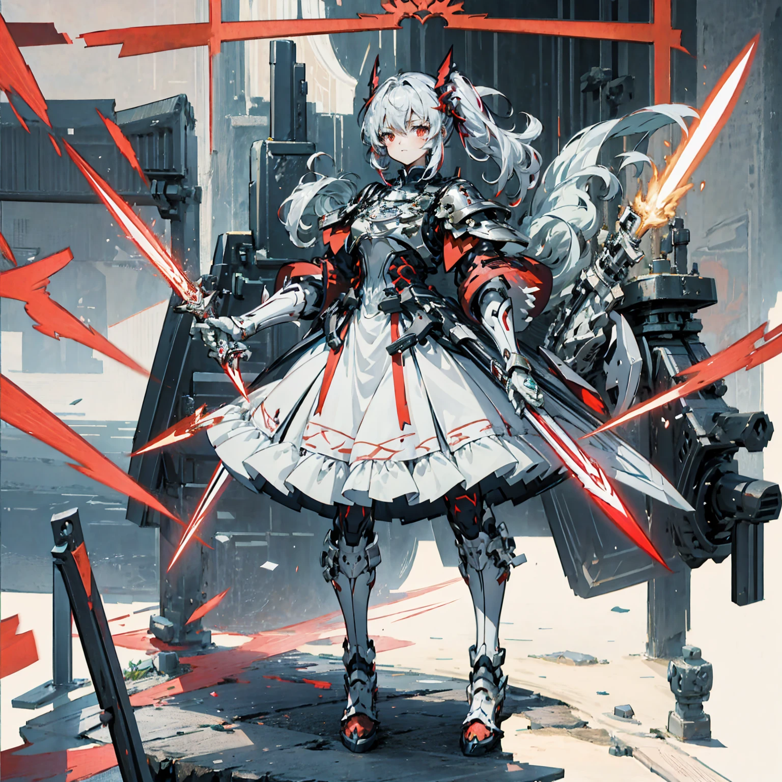 Wearing a red and white dress、anime girl holding sword, Highly detailed official artwork, Epic Light Novel Cover Art, epic Light novel cover art, Silver and red armor, guweiz on pixiv artstation, Anime style 4K, Detailed key animation art, Light novel cover art, Anime Fantasy Artwork，White hair and red eyes，Side Ponytail，Waist-length hair，1 Girl，Portraiture，Reading
