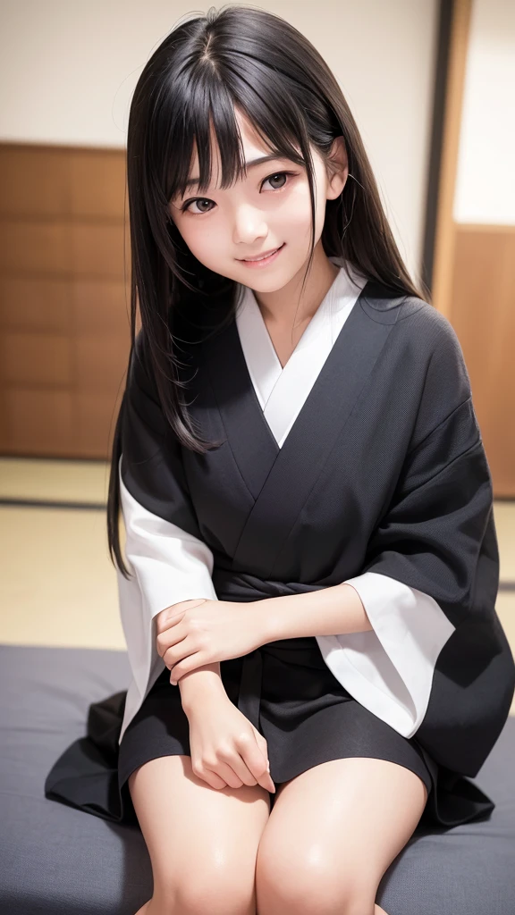 Best image quality, Focus, Soft light, Black hair, (Japanese)), (((Front, 15years old))), (Depth of field), Ultra high resolution, (Real: 1.4), RAW photo, ((( 裸エプロン))), smiling face
