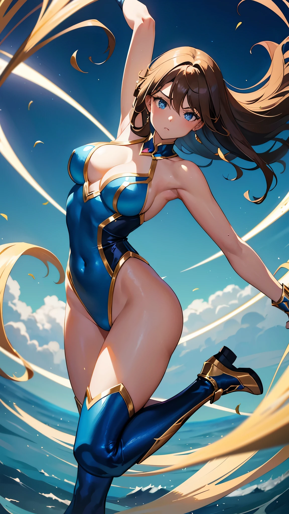“The brown-haired, blue-eyed superheroine in a leotard,  legs, and boots twirled gracefully, her form merging with the wind as she became a human tornado. Her hair whipped around furiously, creating a mesmerizing spiral of colors and energy. Paint a picture of this awe-inspiring spectacle.”