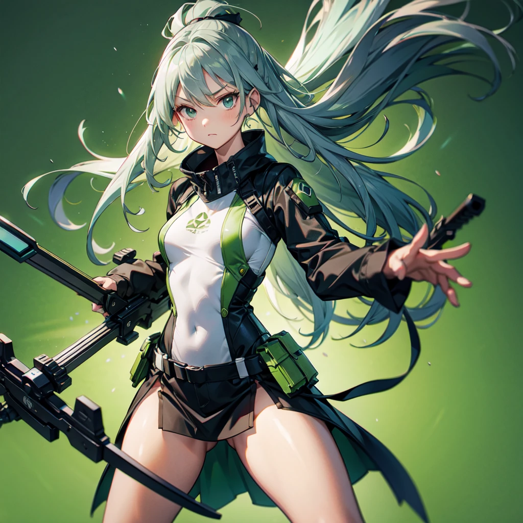 1girl、Dynamic composition、((Perspective Lens, Gray hair and light green gradient hair color, Long Hair、 A dynamic pose with a serious and determined expression, Holding a large crossbow and pulling it towards the viewer )) 、((Pure Green Background:1.2)),Looks like she&#39;s in her early 20s,Shooting in mid-motion,With her long braided hair fluttering. Her outfit is reminiscent of cyberpunk.,Black and lime green color palette,And she&#39;s casually throwing money around,Be playful、Super huge、whole body、detailed、bow