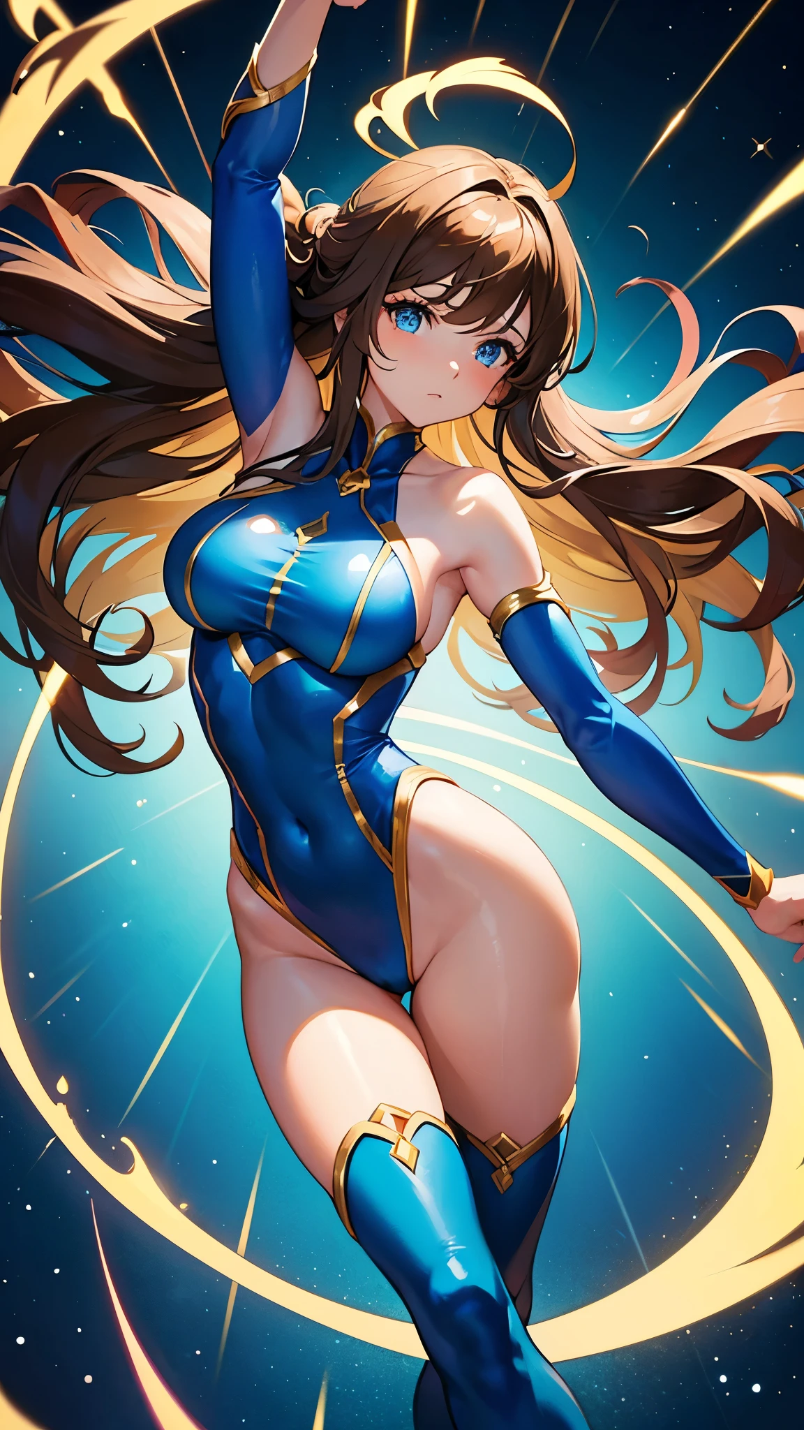 “The brown-haired, blue-eyed superheroine in a leotard, bare legs, and boots twirled gracefully, her form merging with the wind as she became a human tornado. Her hair whipped around furiously, creating a mesmerizing spiral of colors and energy. Paint a picture of this awe-inspiring spectacle.”