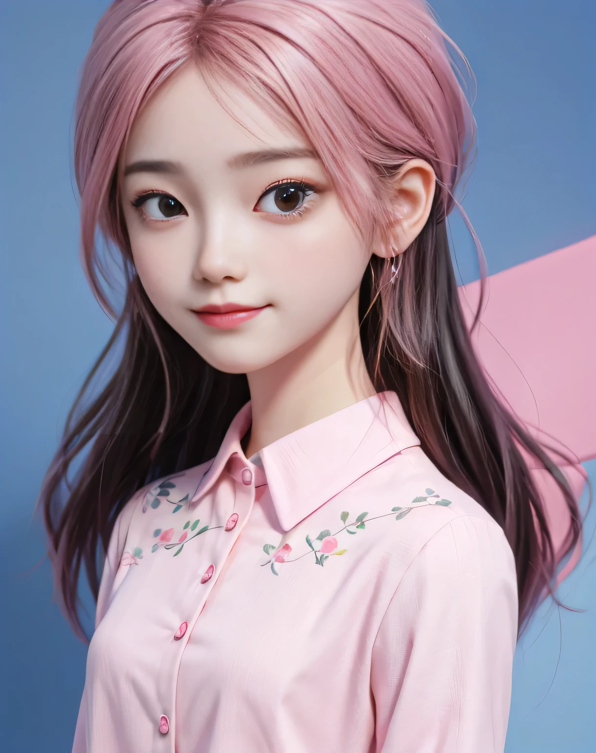 best qualtiy， 1 girl， Solo exhibition，pink shirt, cartoon portrait of ， simple backgound