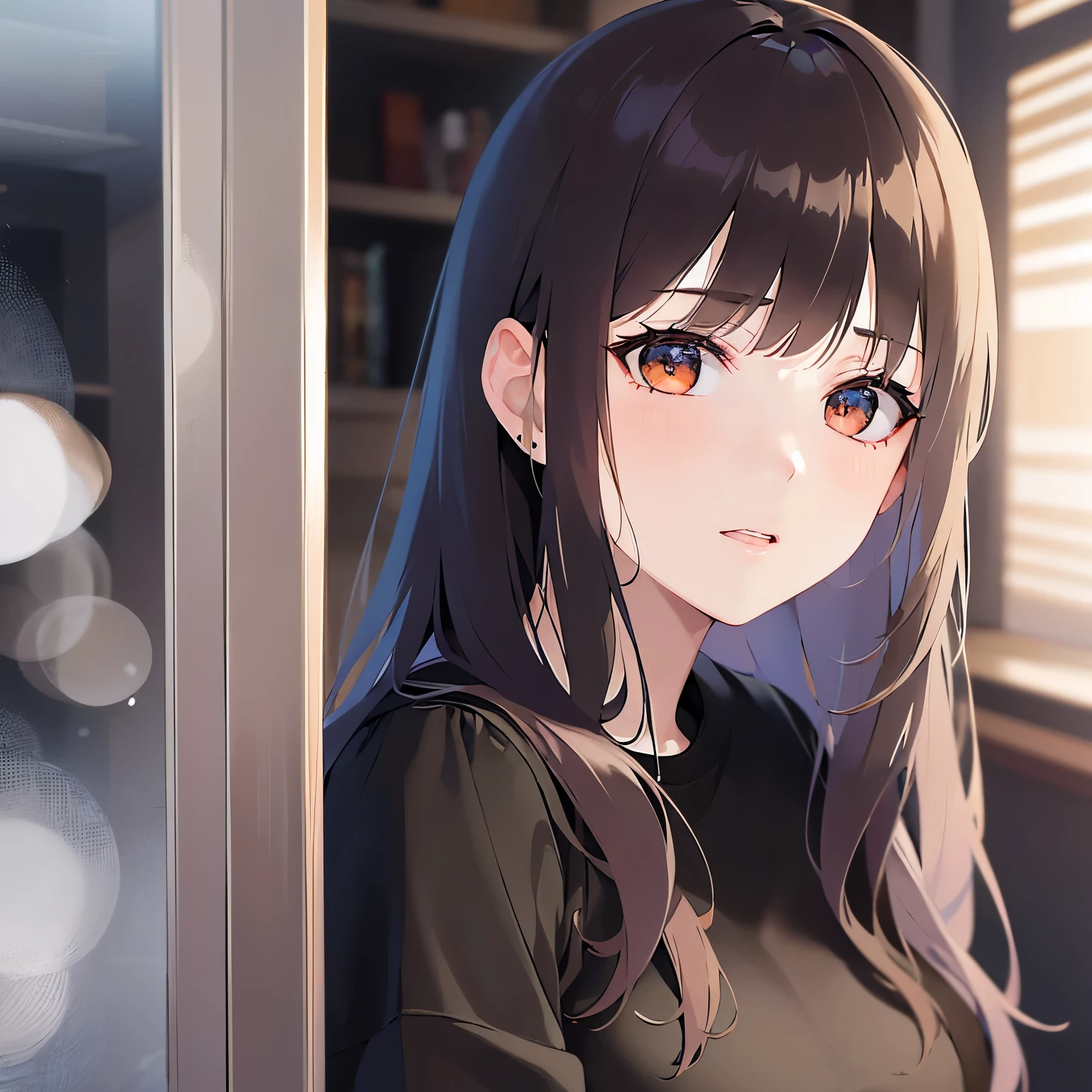 (Placing hand on cheek:1.3), looking up, Realistic, real person, (pale skin: 1.2), upper body, RAW photo, photorealistic, shiny skin, shiny hair、(A 25-year-old woman with medium-length hair and bangs) and (wavy hair) and (brown hair) and (Orange Eyes) , (Black T-shirt) 、(bashful:1.5), confused, The background is the living room、Alone、Are standing