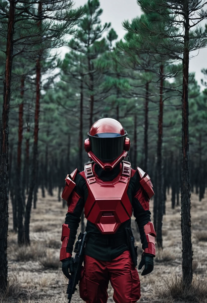 Soldiers in dark red military uniform wearing a futuristic helmet, military post in the middle of the steppe with some pine trees and a little drought, dark atmosphere