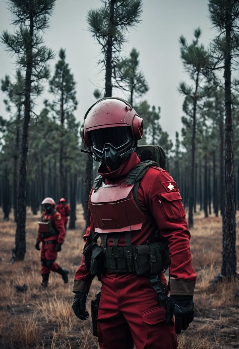 Soldiers in dark red military uniform wearing a futuristic helmet, military post in the middle of the steppe with some pine trees and a little drought, dark atmosphere