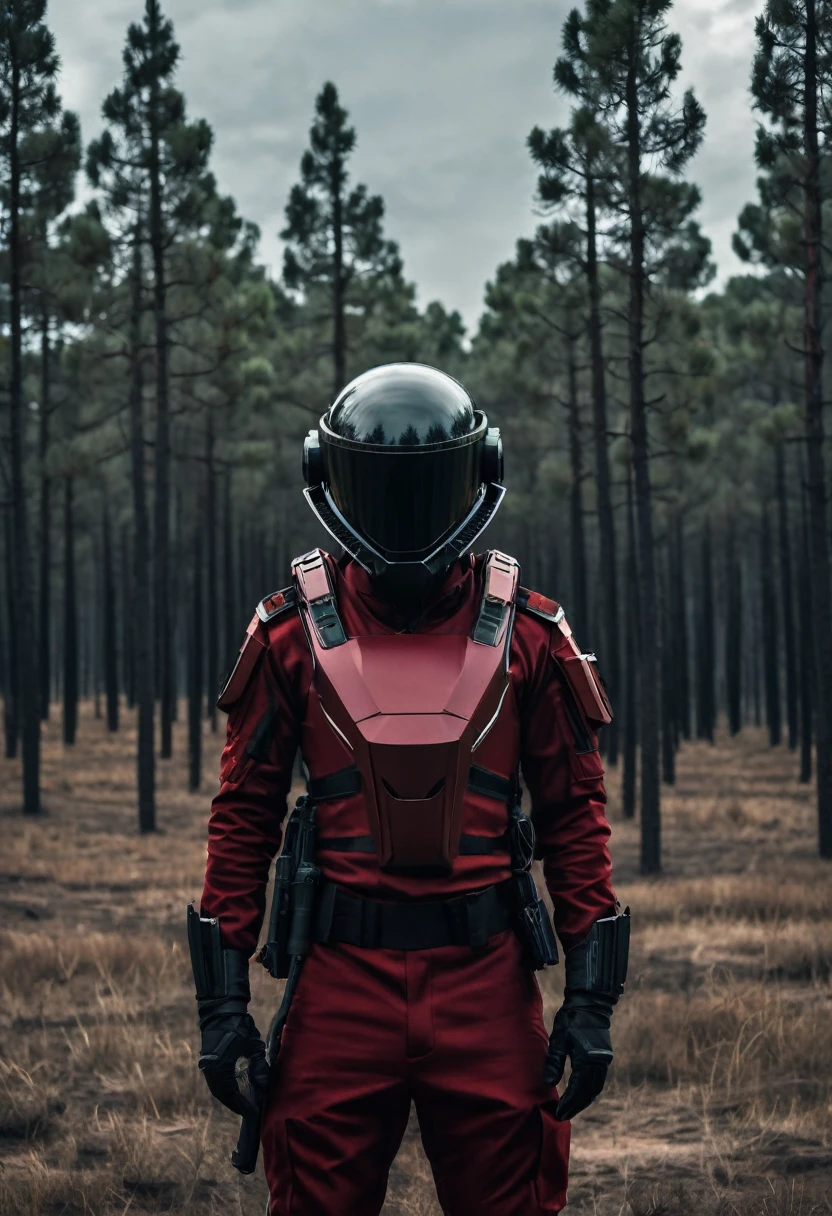 Soldiers in dark red military uniform wearing a futuristic helmet, military post in the middle of the steppe with some pine trees and a little drought, dark atmosphere