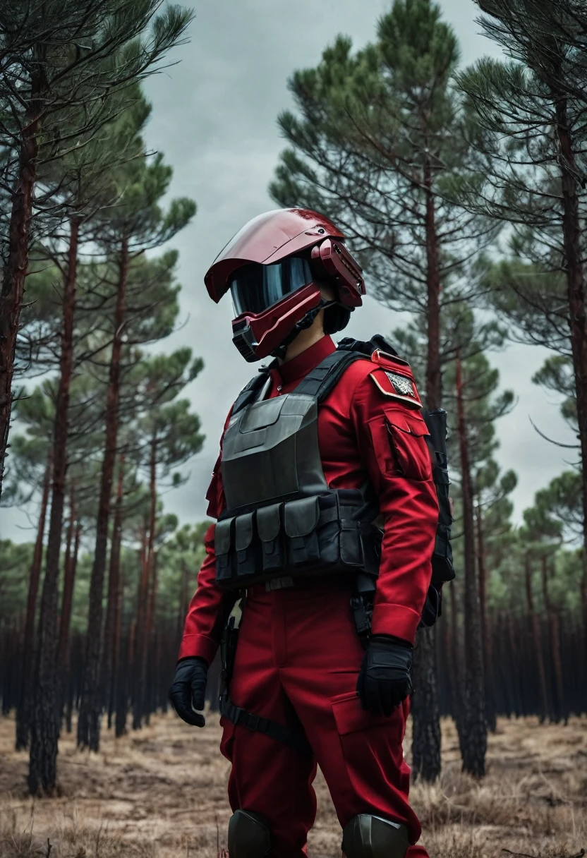 Soldiers in dark red military uniform wearing a futuristic helmet, military post in the middle of the steppe with some pine trees and a little drought, dark atmosphere