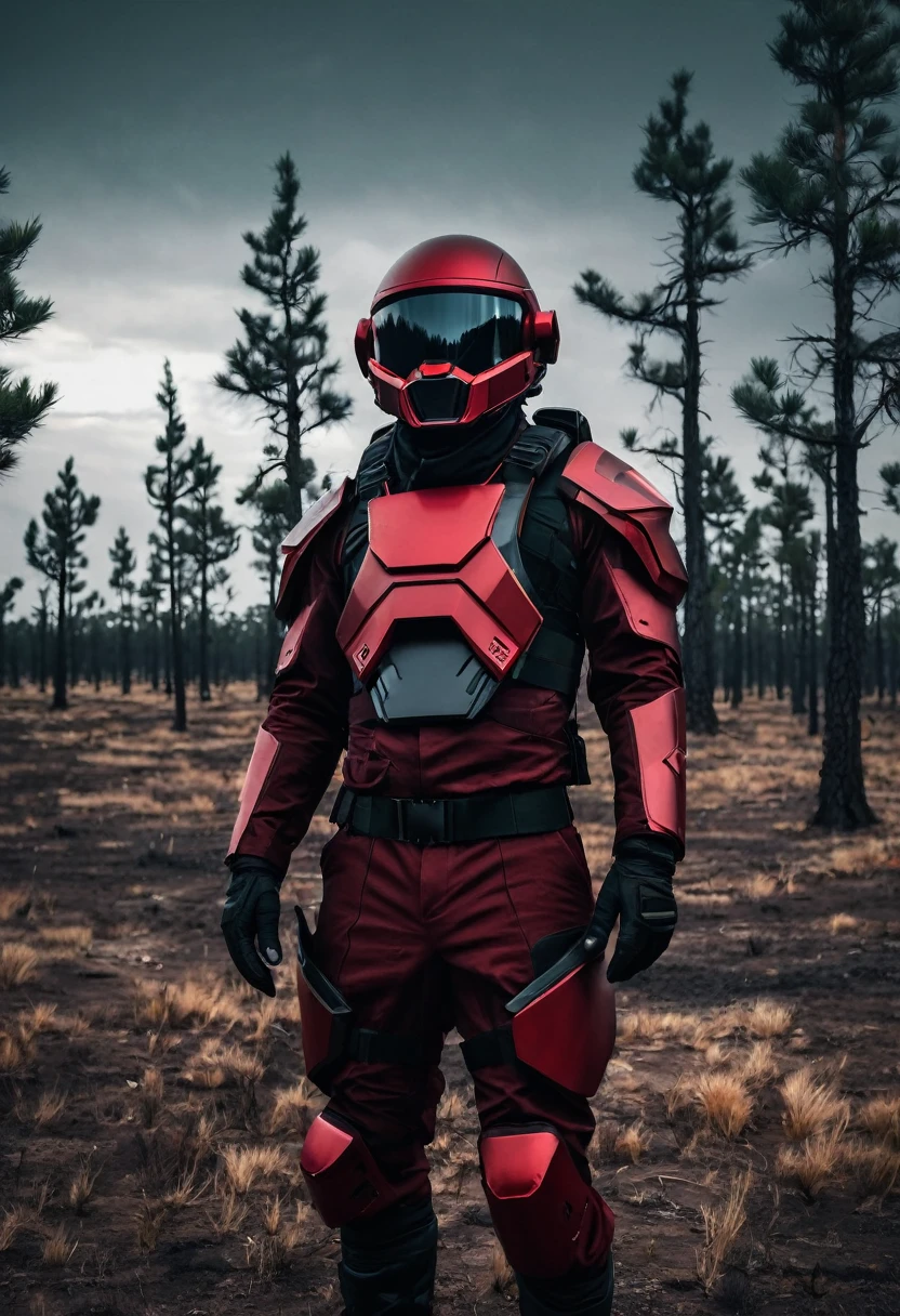 Soldiers in dark red military uniform wearing a futuristic helmet, military post in the middle of the steppe with some pine trees and a little drought, dark atmosphere