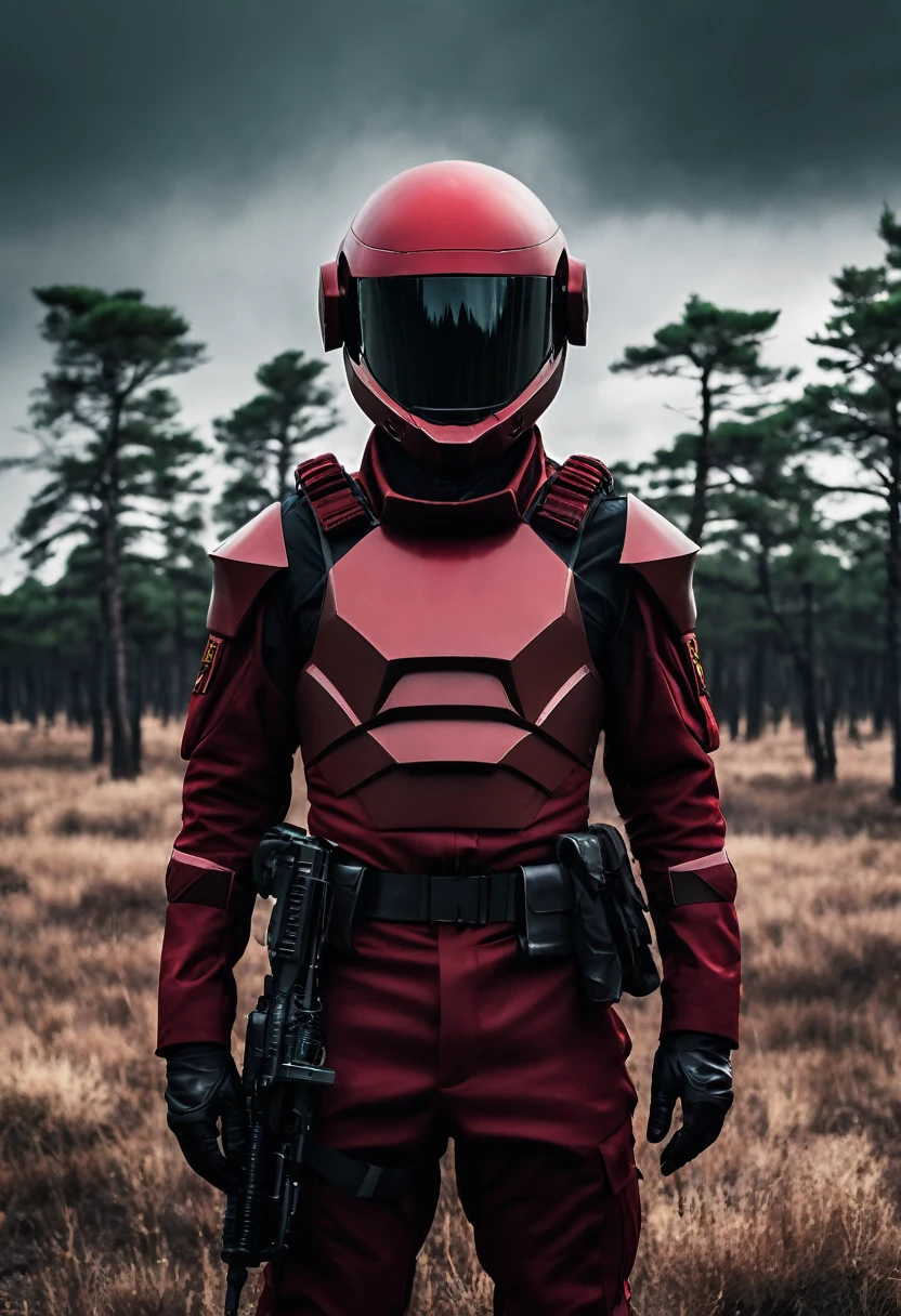 Soldiers in dark red military uniform wearing a futuristic helmet, military post in the middle of the steppe with some pine trees and a little drought, dark atmosphere