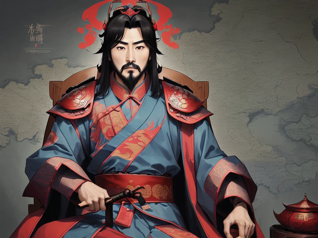 A cunning and strategic portrait of Cao Cao, a warlord from the Three Kingdoms era. He wears a royal robe with dragon patterns, a crown, and has a sharp, intelligent look. He is seated on a throne, holding a fan, surrounded by maps and scrolls.