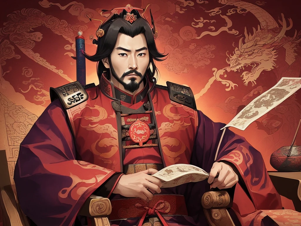 A cunning and strategic portrait of Cao Cao, a warlord from the Three Kingdoms era. He wears a royal robe with dragon patterns, a crown, and has a sharp, intelligent look. He is seated on a throne, holding a fan, surrounded by maps and scrolls.