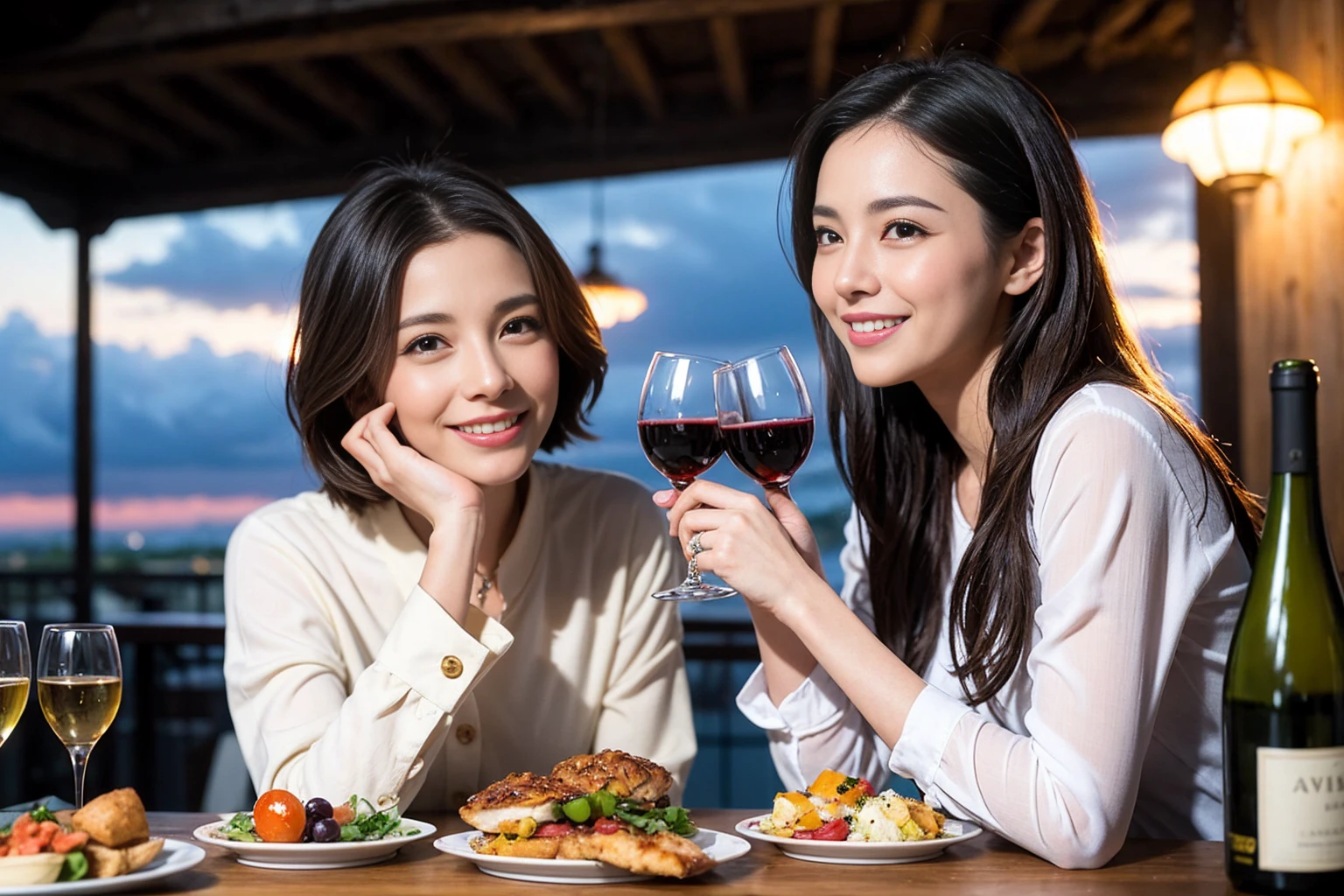 ((Highest quality、8K、masterpiece:1.3))、 (Ultra-realistic、 Genuine、Bright image、Intricate details:1.2), 最高のsmile、1 male 1 female、Beautiful couple、love love love、Lovers in Paris、Good friends、actress couple、smile、Full-course dinner at a packed table、 (Slim face), (the body is slim), (Brown Hair), (short hair), テーブルのwine glass、Please shine a light on my face、 Amazing view of the sunset sky and clouds、35 years old 39 years old, red wine 、Appetizers、Wine bottle、sparkling wine、Long sleeve shirt、dress、White wine, red wine, wine glass,
