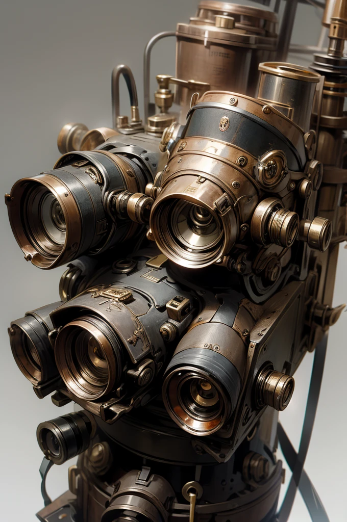 camera,SLR,steampunk,Background white,3 lenses,Right facing