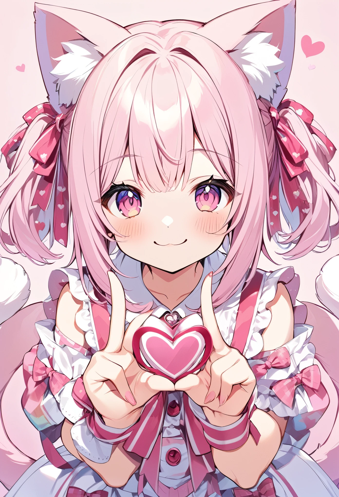 One girl,Cat girl,Animal tails,View your viewers,smile,peace sign,Cute pink room,Heart Items,ribbon,Are standing,Upper Body,
