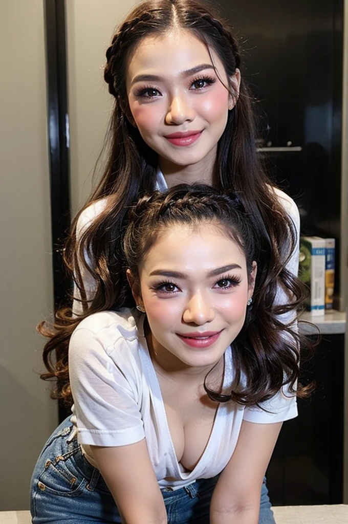((BUN HAIRSTYLE)), realisitic、(top-quality), matured malay women、Realistic 20 year old dark skin malay face girl, dark skin、wife, mother, (((beautiful )))、 is fully 、 、kitchen、messy kitchen, (( in ))、((Colossal :1.4)) 、((Very small face))、all-fours,Professional bright lighting、Leans forward heavily、Face kissing、erotick、((Chibi girl in ))、Pale blue loose blouse、gym shorts, ((seduce face)), smile