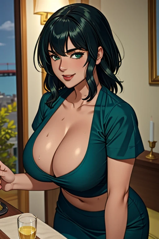 (masterpiece, best quality), intricate details, 1girl, fubuki, green croptop, love hotel, seductive smile, , sweaty,