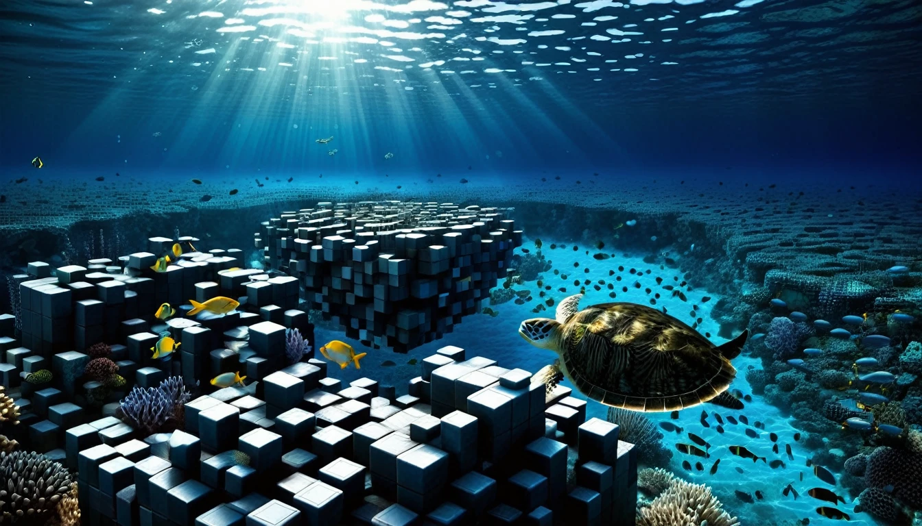 The fascinating deep sea where water and many fish live, RAL-3D cube sinks to the bottom of the deep sea,Small RAL-3D cubes fall from above and are stacked.,Wrapped in a fantastic dark light,A lot of fish are swimming,There are lots of baby turtles swimming around too.,A lot of fish are swimming