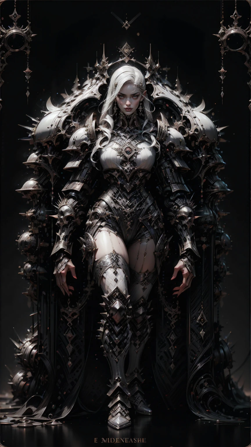 (masterpiece:1.1), (best quality:1.1), (ornate:1.1), (monochrome:1.3), (black and white:1.3), BREAK, (horror:1.0), (esoteric:1.1), (solo:1.4), (dynamic angle:1.0), (cowboy shot:1.0), (woman:1.1),(very muscular bodybuilder girl:1.25), (huge upper body:1.25), (narrow hips:1.0), long hair, (gothic intricate vampiric armor:1.25), ((full body front view)), (gauntlets:1.0), (shoulder armor:1.1), ((tarot style frame:1.45))