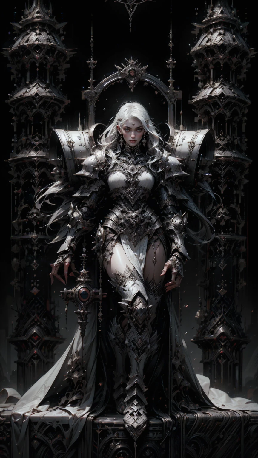 (masterpiece:1.1), (best quality:1.1), (ornate:1.1), (monochrome:1.3), (black and white:1.3), BREAK, (horror:1.0), (esoteric:1.1), (solo:1.4), (dynamic angle:1.0), (cowboy shot:1.0), (woman:1.1),(very muscular bodybuilder girl:1.25), (huge upper body:1.25), (narrow hips:1.0), long hair, (gothic intricate vampiric armor:1.25), ((full body front view)), (gauntlets:1.0), (shoulder armor:1.1), ((tarot style frame:1.45))