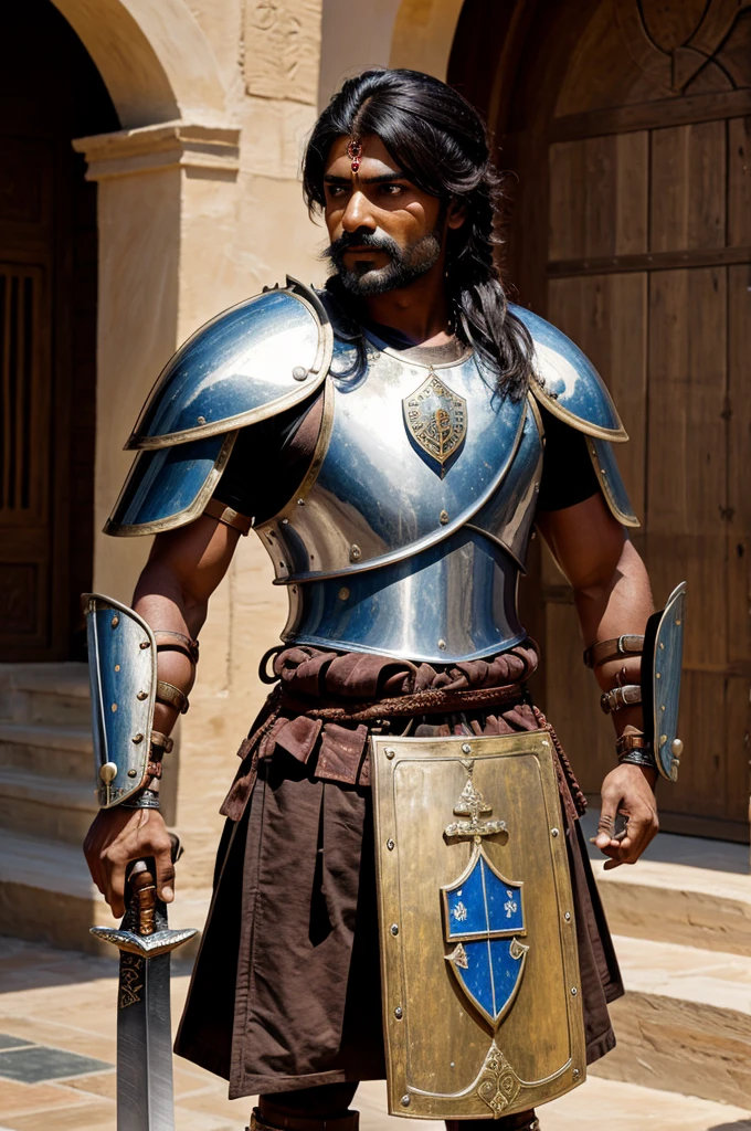 Rajput warrior , in armour , fully equipped with sword and shield,