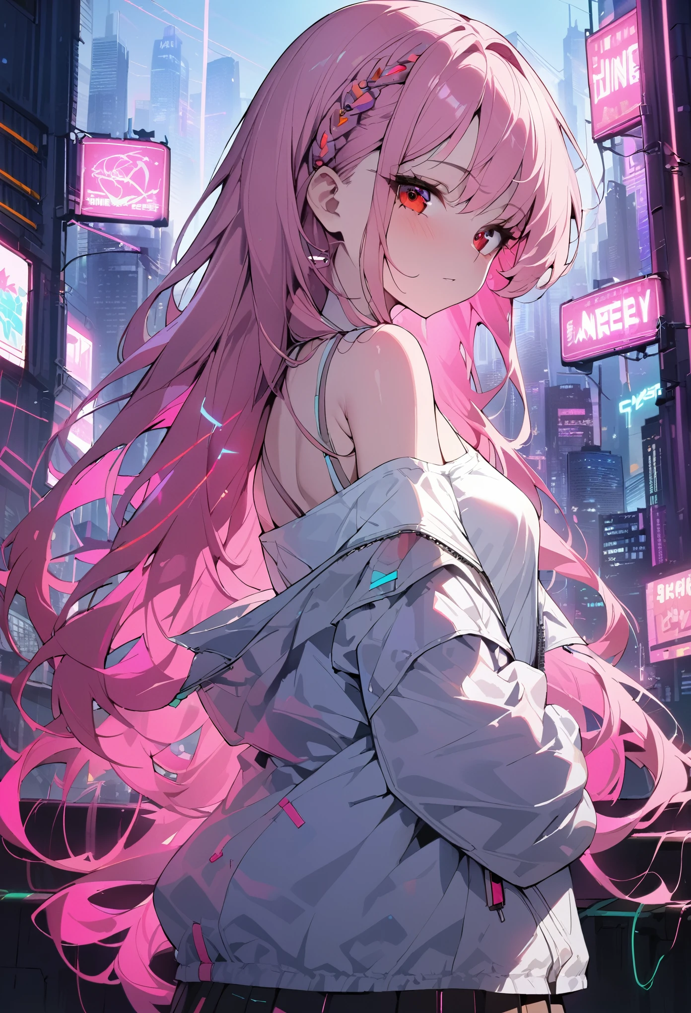 1人of女of子, alone, change, , (very_length_hair), (pink_hair:1.2), Braid, (red_eye), Moderate_chest, (white_shirt:1.5), (Windbreaker), (off_shoulder:1.2), (Portraiture), Shine_eye, background_Light, (Cityscape:1.5), (Pleated skirt, )(neon_Lights:1.2), (science), cyber punk, ((masterpiece)), (High resolution), (Highest_quality), (very_detailed), (original),(Delicate background),(extremely detailed 8K wallpaper),cinematic Lighting, volume Lighting, Light particles, 陰影ofある_face, beautiful_detailed_eye, depth_of_Field, perspective,
