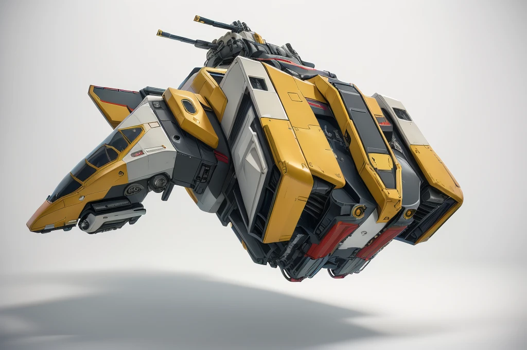 (masterpiece, top quality, best quality, official art, beautiful and aesthetic:1.2),(16k, best quality, masterpiece:1.2), CGgameplane csw, no humans, science fiction, white background, vehicle focus, red and yellow color scheme, military vehicle, military, spacecraft, robot, simple background, mecha, thrusters, flying, realistic,