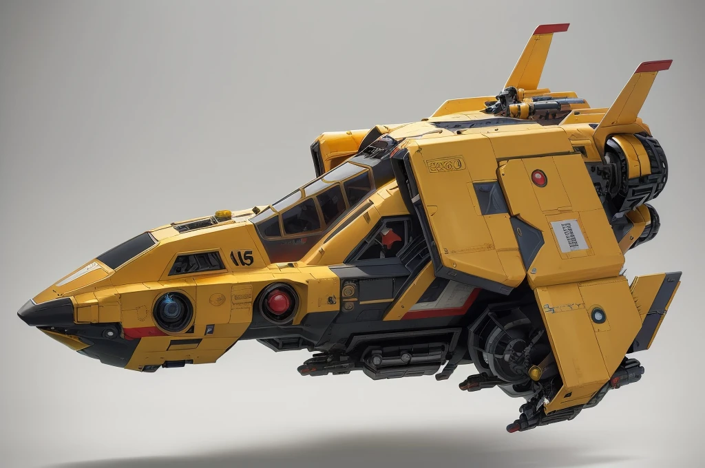 (masterpiece, top quality, best quality, official art, beautiful and aesthetic:1.2),(16k, best quality, masterpiece:1.2), CGgameplane csw, no humans, science fiction, white background, vehicle focus, red and yellow color scheme,  military vehicle, military, spacecraft, robot, simple background, mecha, thrusters, flying, realistic, 